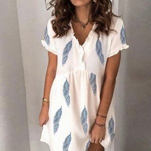 Boho Blue Feather White Mini Dress Size Large